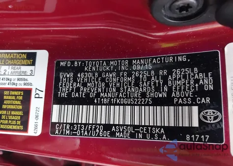 2016 Toyota Camry Se z USA, uszkodzony, nr VIN 4T1BF1FK0GU522275